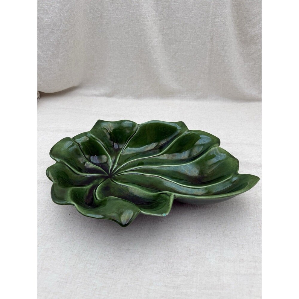 Vintage Comar Pottery Green Leaf Bowl Iridescent Glaze CA Art Pottery 615